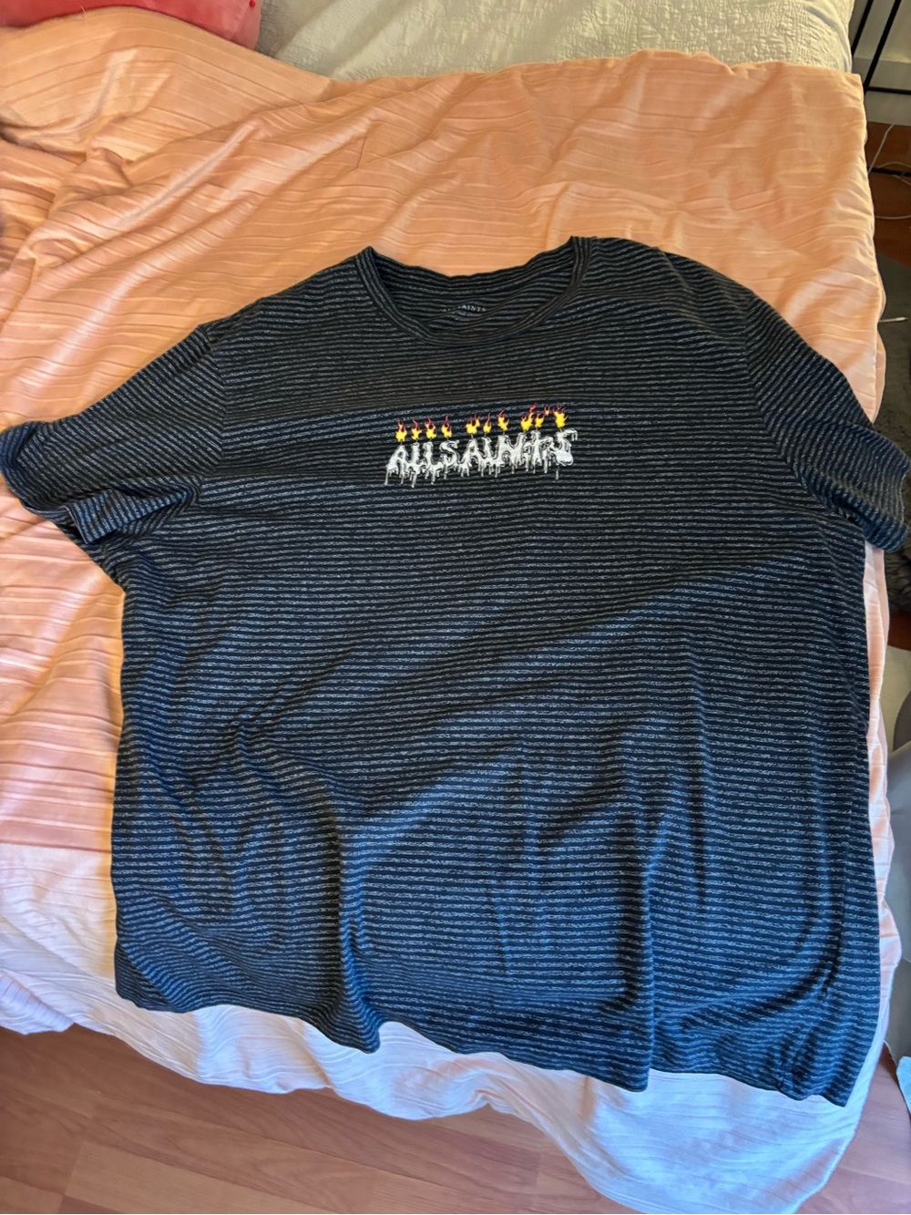 AllSaints Black and White Striped Crew Neck Tee with Embroidered Logo